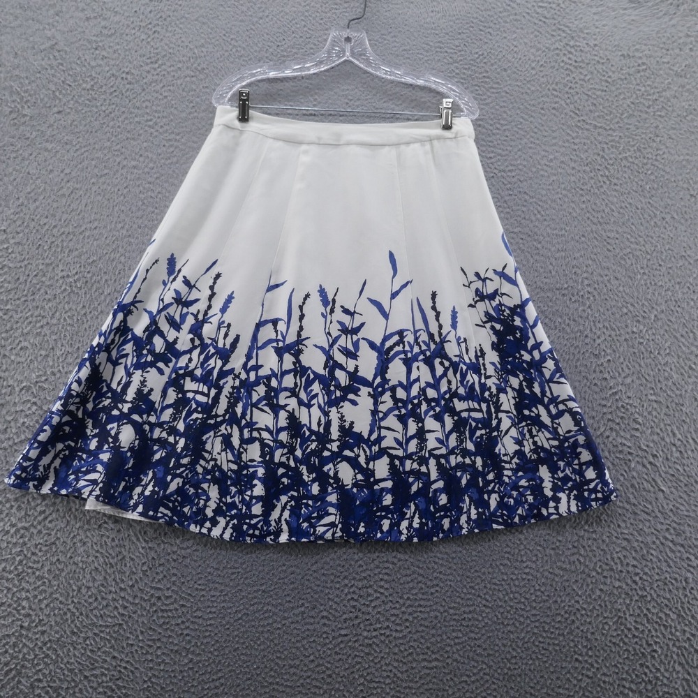 Coldwater Creek Womens Ivory Blue Botanical Border Print ALine Midi Skirt Size 8